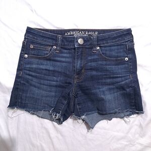 American Eagle | Dark blue faded cut off distressed women's jean shorts